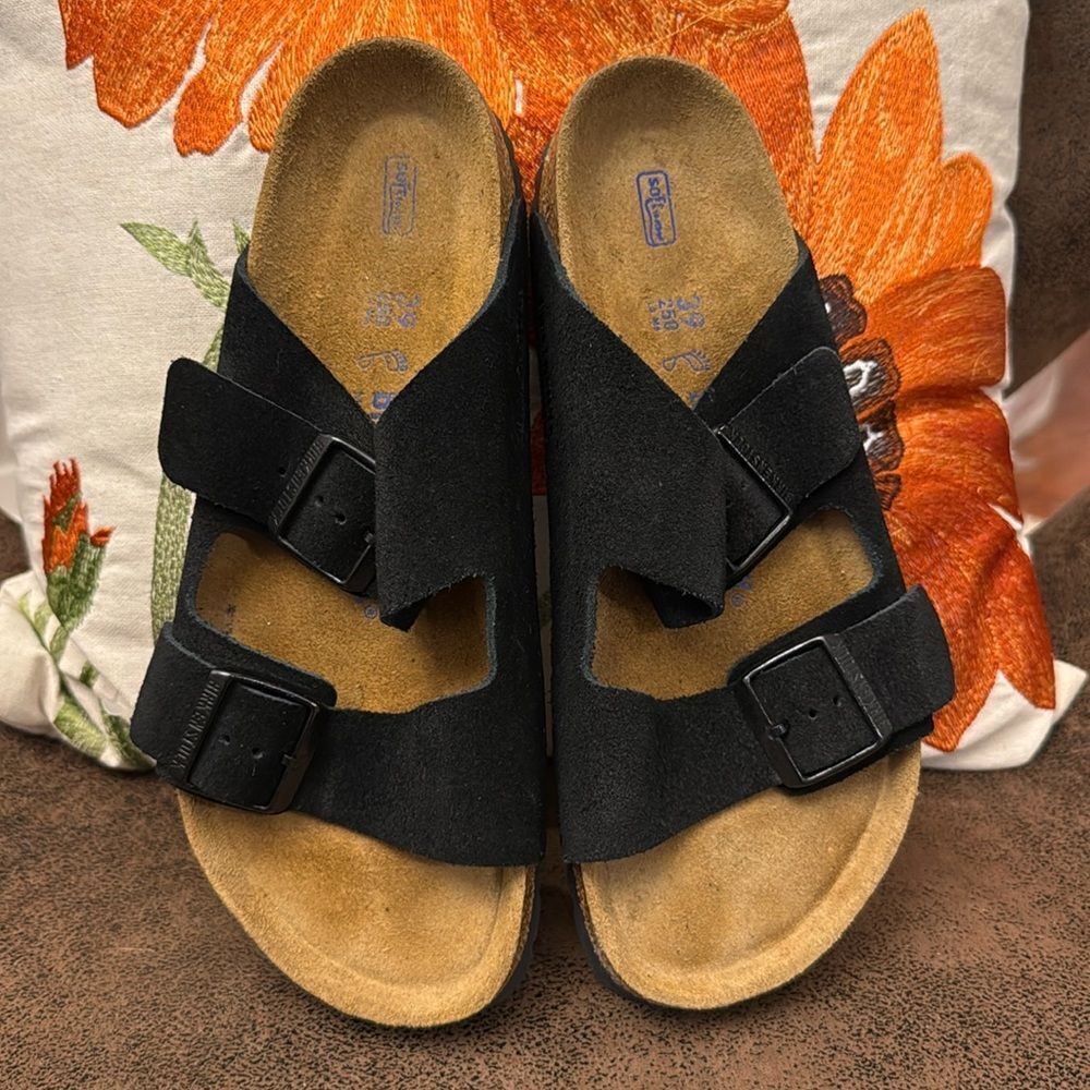 BIRKENSTOCK ARIZONA SOFT FOOTBED BLACK SUEDE CORK DOUBLE BUCKLE 39 REGULAR M6 L8 - Picture 3 of 15